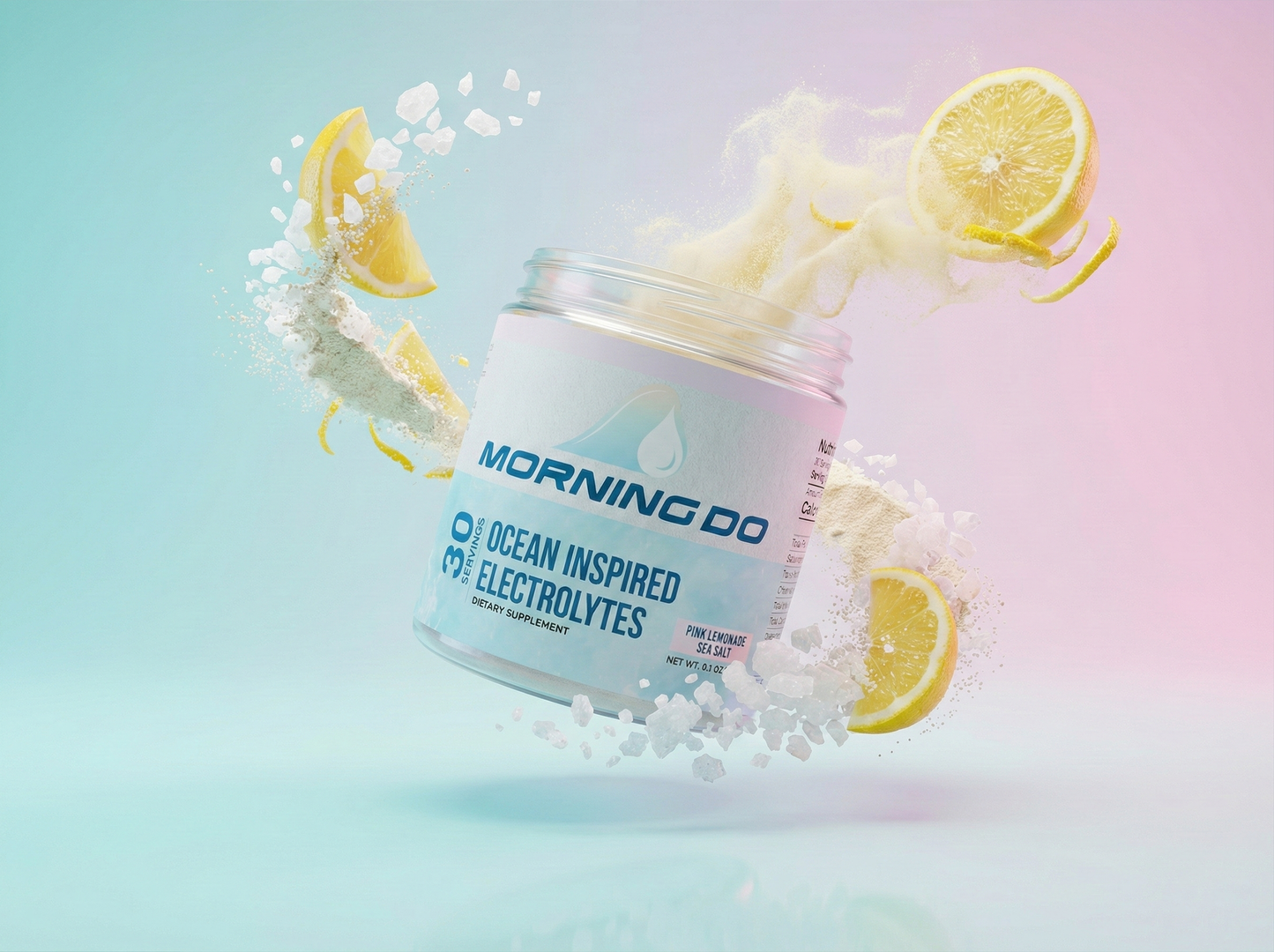 Jar of 'Morning Do' electrolytes with lemon slices on a gradient background