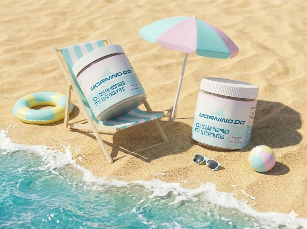 Two 'Morning DO' electrolyte containers on a beach with an umbrella, chair, and ball.