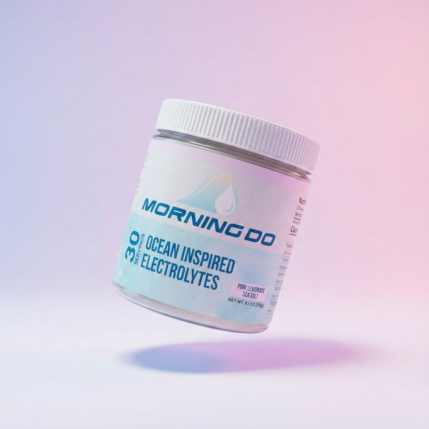 Container of 'Morning Do' ocean inspired electrolytes on a gradient background