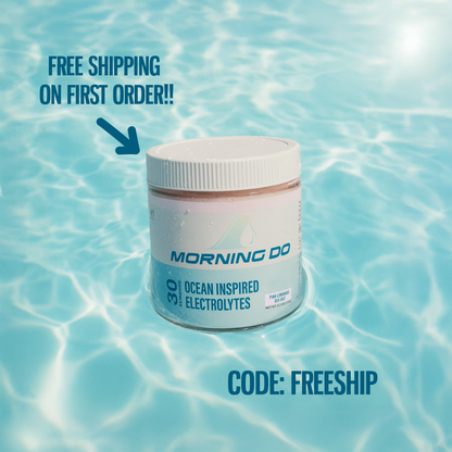 Jar of 'Morning Do' electrolytes on a blue water background with promotional text.